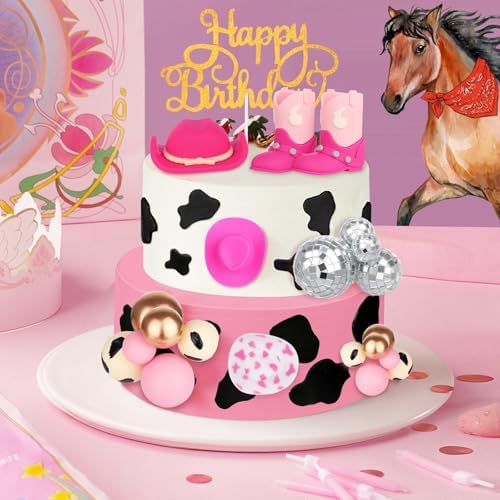 36 Pcs Cowgirl Cake Decorations Cowboy Western Cake Decorations Cowgirl Hat and Boot Cake Topper Cow Balls Topper Western Cowgirl Birthday Baby Shower Party Favors