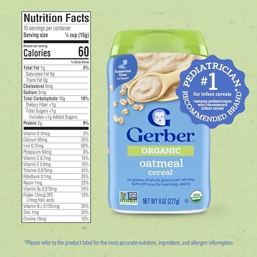 Gerber Stage 1 Baby Food, Organic Baby Oatmeal Cereal, 14g Whole Grains, Iron, Zinc & Vitamin B12, Infant Cereal, 6-Pack
