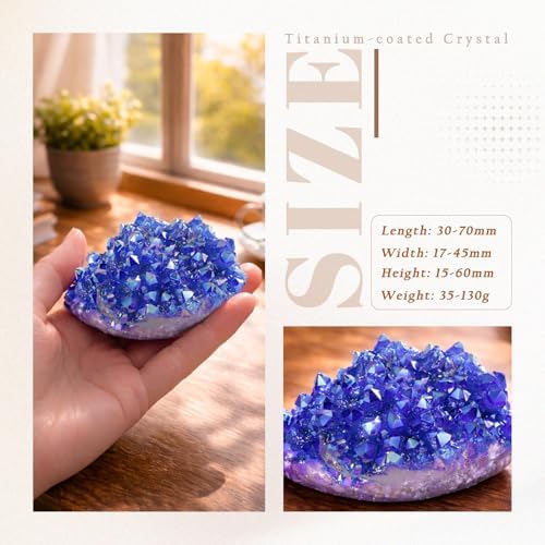 mookaitedecor Titanium Coated Natural Rock Crystal Cluster Geode Stone Specimen, Blue
