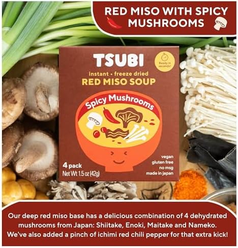 Tsubi Soup Freeze-Dried Japanese Miso Soup Packets - Instant, Vegan, Easy Mix, Gluten & MSG-Free, and Flavorful - Ready in Seconds -Made in Japan - Red Miso (Spicy Mushroom) - 4 Packs