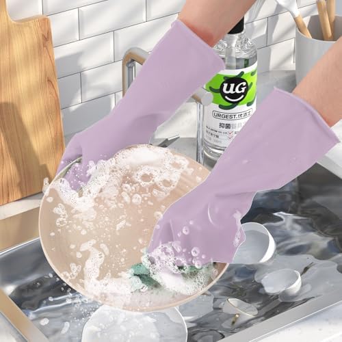Reusable Kitchen Dishwashing Gloves - 3 Pairs Rubber Household Cleaning Gloves, Flexible and Durable & Non-slip Cleaning Gloves, Great for Kitchen, Laundry, Bathroom (S, Purple+Brown+Blackish Green)