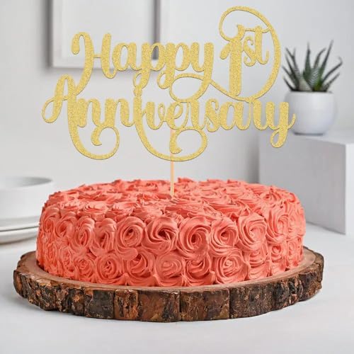 Happy 1st Anniversary Cake Topper - Glitter Golden First Wedding Anniversary Cake Decorations, Perfect for 1st Wedding Anniversary, First Birthday Party or Photo Booth Props