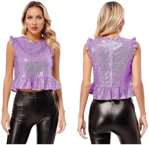 Womens Sequins Sparkly Mermaid Top Short Fly Sleeves Ruffle Peplum Top Tank Camisole