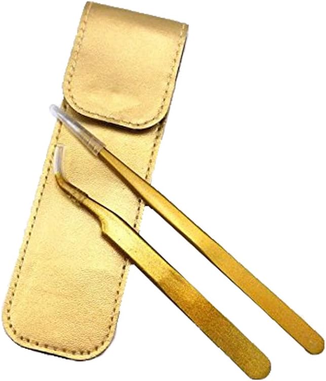 yueton 2pcs Gold Color Coated Stainless Steel Straight and Curved Head Tweezers with Leather Case for Eyelash Extension