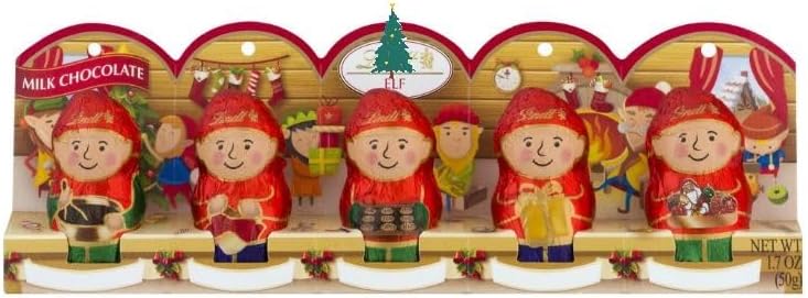 easter Lindt.sMilk Chocolate Elf Figures, Festive Gift Tray Box, 5 Pack of Individually Foil Wrapped Milk Chocolates Mini Hollow Elf Candy, Perfect Basket Filler & Decoration