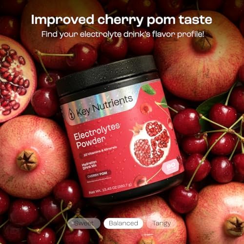 KEY NUTRIENTS Multivitamin Electrolytes Powder No Sugar - Sweet Cherry Pom Electrolyte Powder - Endurance & Energy Supplement - Hydration Powder - No Calories - 90 Servings - Made in USA