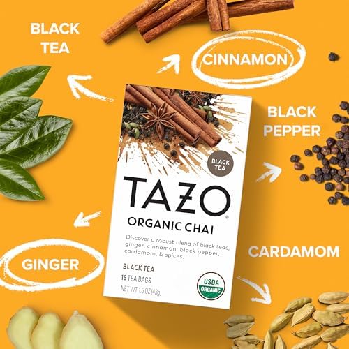 TAZO Organic Chai Black Tea Bags, Blend of Black Teas, Ginger, Cinnamon, Black Pepper & Cardamom, 96 Total Tea Bags (16ct - Pack of 6)