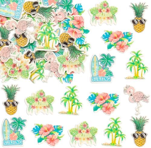 Gyufise 54Pcs Edible Tropical Aloha Luau Cupcake Toppers Wafer Paper Palm Tree Flower Turtle Leaves Flamingo Pineapple Cupcake Picks Summer Hawaiian Theme Birthday Party Cake Decorations Supplies