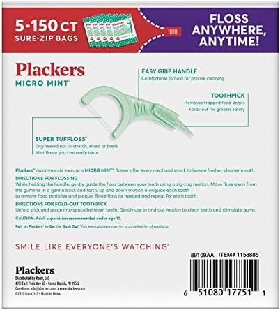 Plackers Micro Mint Dental Flossers, Fold-Out Toothpick, Super Tuffloss, Easy Storage with Sure-Zip Seal, Fresh Mint Flavor, 750 Count (Pack of 5)