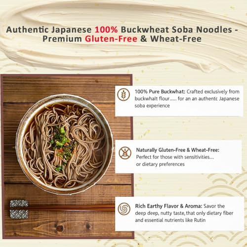 Authentic Japanese Buckwheat Soba Noodles 100% buckwheat flour – Healthy, Gluten-Free, Soba for Hot & Cold Dishes – Perfect for Ramen, Stir-Fry, Salads & More (17oz / 400g) With our original eating instructions Japanese food