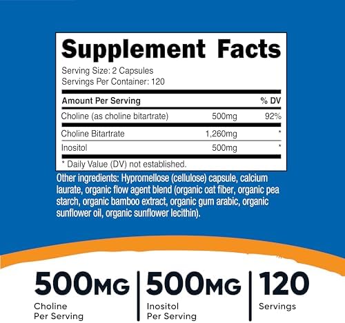 Nutricost Choline & Inositol Supplement (1,000mg) 240 Capsules - 500mg Choline, 500mg Inositol, GMO-Free, Gluten-Free, 120 Servings