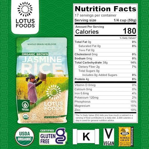Lotus Foods Organic Brown Jasmine Rice - Whole Grain Jasmine Rice, Gluten Free Brown Rice, Organic Rice, Long Grain Asian Sticky Rice, Quick Cook Rice in Bulk, Gluten Free - 30 Oz (Pack of 2)