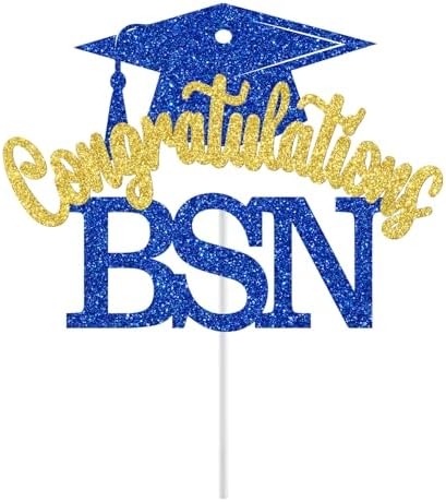 Congratulations BSN Cake Topper, BSN Graduation Decorations, Congrats Nurse/RN/BSN, Medical Nursing School Graduation Party Decorations (Blue and Gold Glitter)