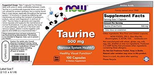 NOW Taurine 500mg, 100 Capsules (Pack of 3)