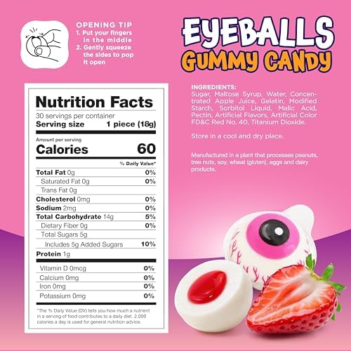 Eyeballs Gummy Candy - 19 Oz Jar (30 Count) - Strawberry Jelly Filled Gummies - Individually Wrapped Candy - Party Favors - Spooky Eyes Gummies by Funtasty