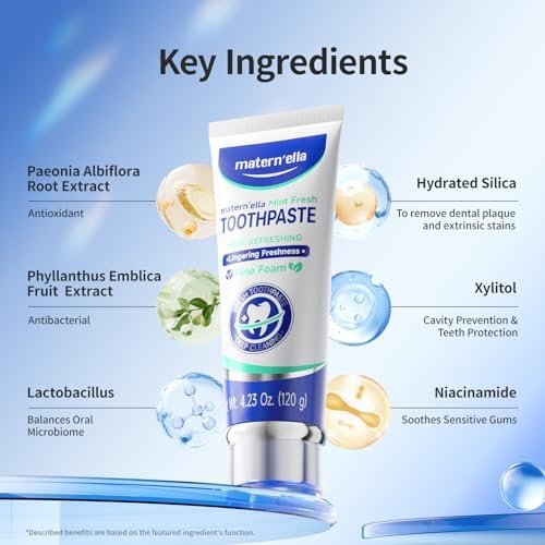 matern'ella Toothpaste for Sensitive Gums, Fluoride & SLS Free, Removing Stains Hydrated Silica, with Probiotics & Xylitol Mint Fresh 4.23 oz