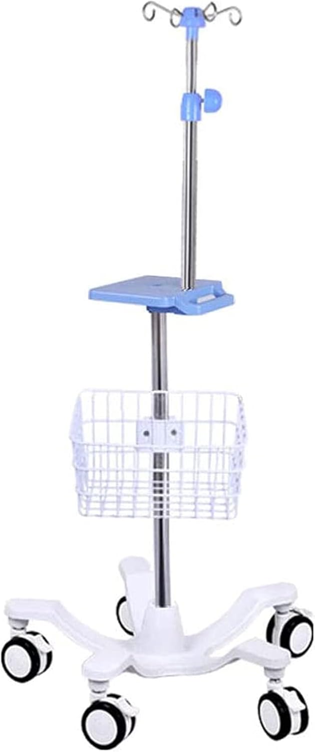 Portable IV Pole Infusion Stand with Wheels and Tray, Stainless Steel Height Adjustable IV Stand Drip Stand for Elderly Home Care,Hospital and Clinic,with Basket