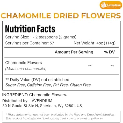 Lavendium 4oz Dried Chamomile Flowers – Whole Chamomile Flower, Premium Quality, 100% Natural & Pure, Naturally Caffeine-Free, No Additives or Preservatives, Plant-Based & Vegan