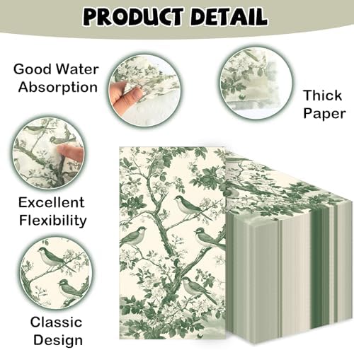 100pcs Green Bird Guest Napkins Spring Floral Bird Toilet Paper Napkins Special Bird and Tree Decorative Disposable Hand Towels for Bathroom Bridal Baby Shower Garden Tea Party Birthday Party Supplies