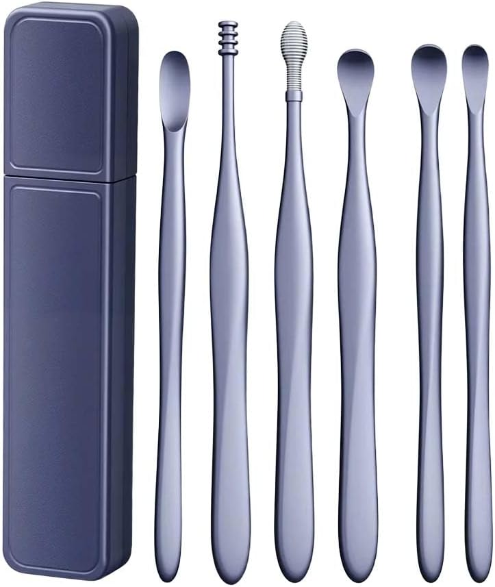 Ear Cleaner, 6pcs Ear Wax Removal Kit, Professional Ear Cleaning Tool Kit, Portable Stainless Steel Ear Pick Set with Cleaning Storage Box (Blue)