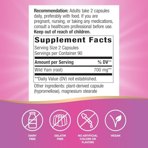 Nature's Way Wild Yam Root, Women's Traditional Health Support*, 700 mg per 2-Capsule Serving, Non-GMO Project Verified, 180 Vegan Capsules (Packaging May Vary)