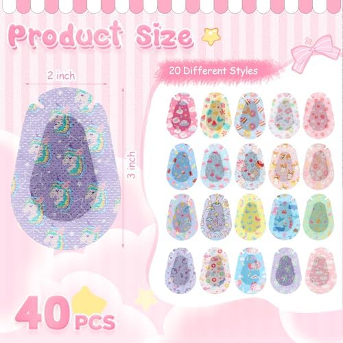 Copkim 40 Pcs Adhesive Eye Patches for Kids Girls Cute Toddler Eye Patch Bulk Colorful Breathable Lazy Patch Cartoon Adhesive Bandages for Children Baby Light Blocking, 20 Styles, 3 x 2 Inches