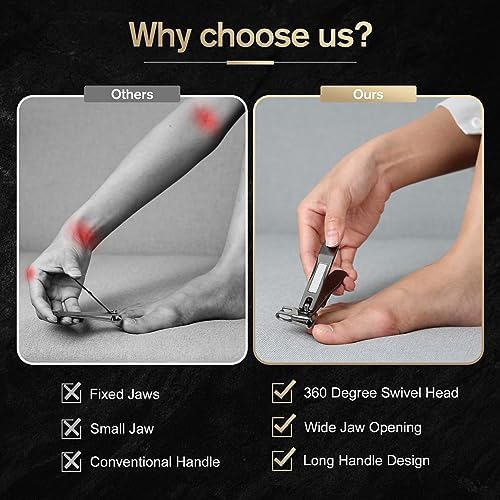 FERYES 360° Rotating Nail Clippers for Seniors, Long Handle Fingernail Clippers for Men and Women, Ergonomic EZ Grip Toenail Clippers for Thick Nails