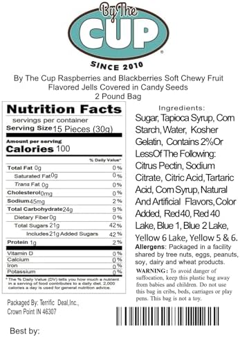By The Cup Raspberries and Blackberries Soft Chewy Fruit Flavored Jells Covered in Candy Seeds, 2 lb Bulk Bag