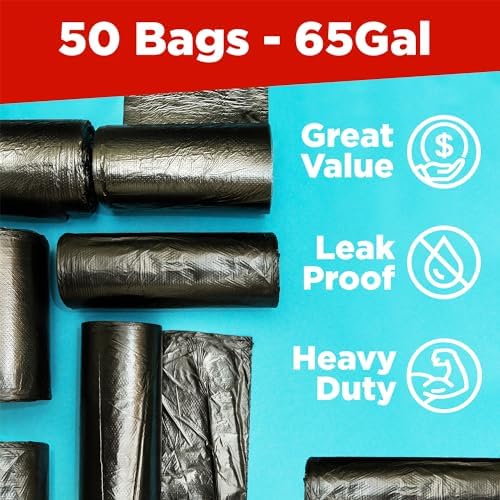 ToughBag 64-65 Gallon Trash Bags Heavy Duty, 50 x 48” Large Black Garbage Bags (50 Count) - Made In USA