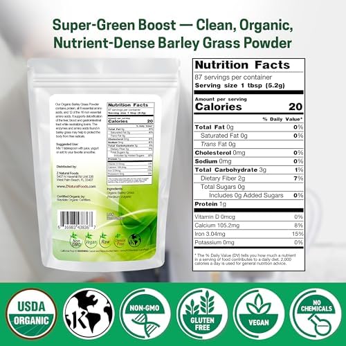 Z Natural Foods Organic Barley Grass Powder - USDA Organic Whole Food Green Blend for Energy Boost, Detox & pH Balance with Amino Acids, Minerals - Antioxidant Mix for Juice, Water, Smoothies, 1 lb