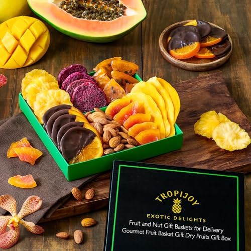 Dried Fruit Gift Basket – 7 Tropical Flavor Easter Baskets for Adults - Chocolate Orange Dried Fruit Basket Gift | 12.5oz Soft Dried Fruits and Nuts - Dry Fruits Gift Box | Easter Gifts Passover Gifts