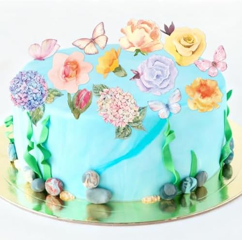 280pcs Edible Cake Toppers, Glutinous Rice Paper Edible Butterfly and Flower Mixed Colour Cake Cupcake Decorations Suitable for Birthday Party Celebration DIY Project Wedding