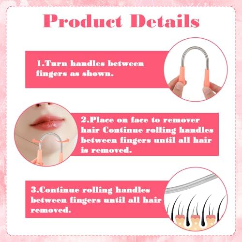 6 Pcs Spring Hair Remover for Face, Hair Removal Tool for Eyebrows, Chin, Cheek and Upper Lip, Portable & Reusable Pink Threading Tool (7.48 Inch, Stainless Steel & Silicone)