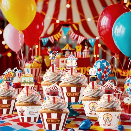 Hooqict 48 Pack Carnival Theme Party Decorations Circus Cupcake Toppers and Wrappers for Kids Boys Girls Circus Party Favors Carnival Birthday Cupcake Cake Decorations Supplies