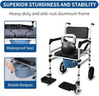 Rolling Shower Chair with Wheels for Elderly and Disabled, Foldable Wheelchair Lightweight Folding, Bedside Commode Chair with Arms for Toilet (Black)