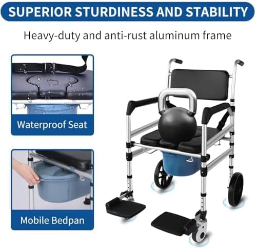 Rolling Shower Chair with Wheels for Elderly and Disabled, Foldable Wheelchair Lightweight Folding, Bedside Commode Chair with Arms for Toilet (Black)