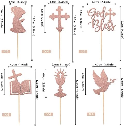 24 PCS Girl God Bless and Baptism Cupcake Toppers Glitter Dove Cross Cupcake Picks First Communion Christian Baptism Theme Baby Shower Girls Birthday Party Cake Decorations Supplies Rose Gold