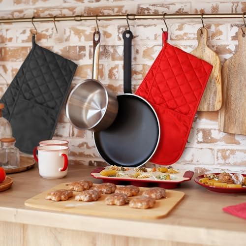 TecUnite 4 Pcs Double Oven Mitt Double Chef Kitchen Cooking Heat Resistant Gloves Potholders Modern Oven Gloves Cotton Black Blue Red Gray Kitchen Oven Mitts Set for Home Cooking