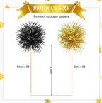 Chinco 100 Pcs Foil Firework Cupcake Toppers Black and Gold Sparkle Tinsel Cake Toppers New Year Cake Decoration Cocktail Fruit Toothpick for Birthday Wedding Graduation Party