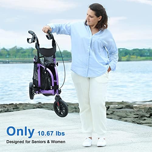 WALK MATE 3 Wheel Rollator Walker with Seat for Slim Seniors, Padded Backrest Lightweight Foldable Travel Walker Ideal for Elderly, 8 Inch Tri-Wheel Modern Mobility Walking Aid Aluminum, Purple