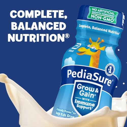 PediaSure Grow & Gain with Immune Support, 27 Vitamins & Minerals for Kids, 7g Protein, Non-GMO, Gluten-Free, Vanilla, 8-fl-oz Bottle, Pack of 24