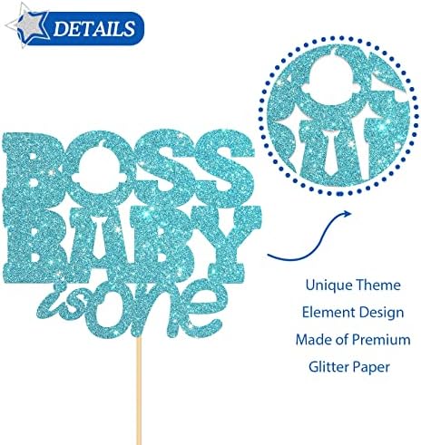 Boss Boy is One Cake Topper, Baby 1st Birthday Cake Topper, Gender Reveal, Happy Birthday Boss Birthday Party Cake Decorations Sky Blue Glitter