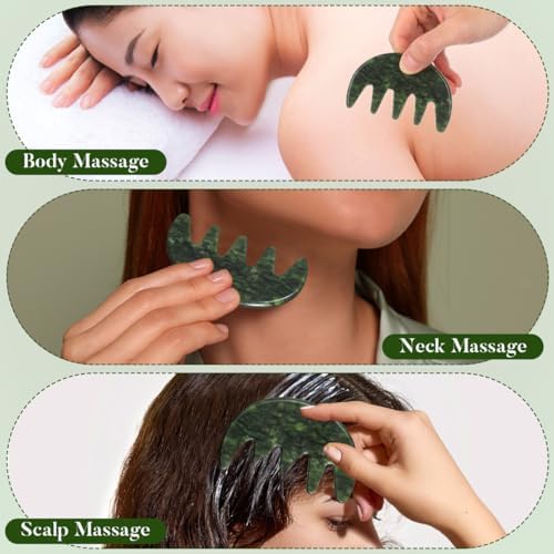 Healeved Green Jade Scalp Massage, Natural Gua Sha Comb for Head Relaxation, Wide Tooth Jade Comb for Blood Circulation, Multifunctional Massage Tool for Home Use