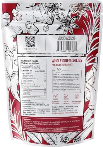Soeos Whole Dried Chili 4oz, Medium Spicy, Natural and Premium, Great for Mexican Recipes, Dry Szechuan Pepper, Dry Chile Peppers, Sichuan Pepper, Dried Red Chilie, Whole Dried Chili Peppers.
