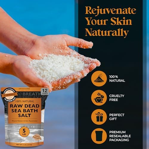 Aromasong Raw Dead Sea Bath Salt - Minimally Cleaned, Contains More Dead Sea Minerals Including Dead Sea Mud - 100% Pure & Natural Dead Sea Salts for Soaking 5 LB - Bulk Resealable Pack