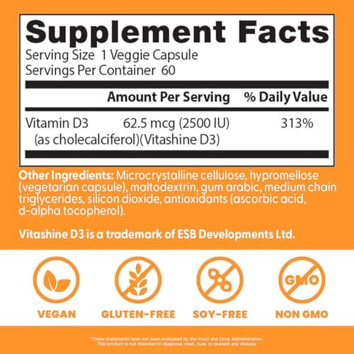 Doctors Best Vegan Vitamin D3 2500 IU Veg Caps - Vegan Vitamin D Supplement for Men & Women, Helps Support Calcium Absorption, Heart Health & Immune Support, 62.5 mcg per Serving - 60 Veggie Capsules
