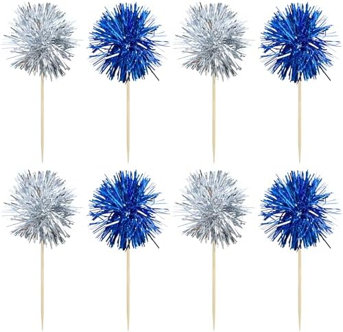 Gyufise 30Pcs Foil Firework Cupcake Toppers Sparkle Tinsel Cake Toppers Tinsel Drink Cake Decoration Cocktail Picks for Birthday Wedding Graduation Party Supplies Silver Dark Blue