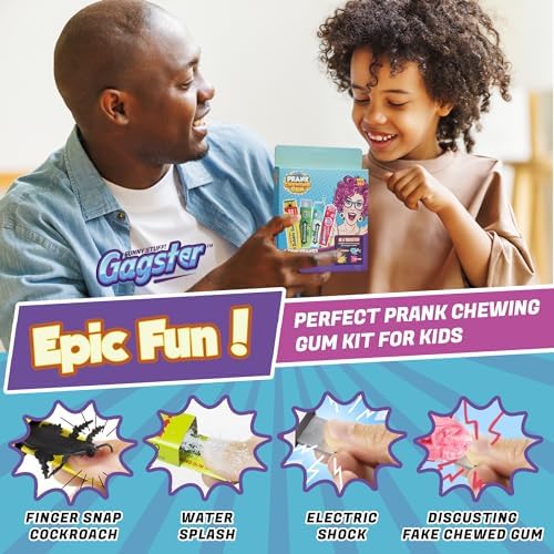 Gagster 4-in-1 Prank Chewing Gum Set – Shocking, Water Squirt, Cockroach Snapping, Fake Chewed Gum, Gag Gifts for Kids Adults, Work Pranks, April Fools, Practical Joke Toys Kit