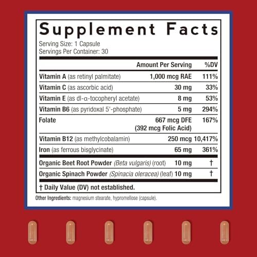 Doctor's Recipes Iron Supplement for Women, 65 mg Iron Bisglycinate, w/Vitamins C, B6, Folic Acid & B12, Beet Root & Spinach, Energy Production & Blood Health, Stomach Friendly, 30 Vegan Capsules