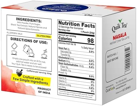 QuikTea Instant Masala Chai Tea Latte – 10 Count, Classic Latte with a Hearty Mix of Traditional Chai Spices, Low Caffeine, No Artificial Colors, Flavors or Preservatives – Just Add Hot Water, Non-GMO
